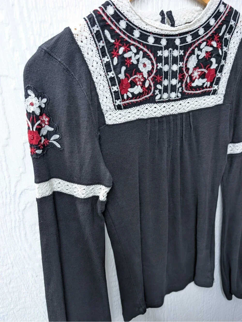 Free People Cozy On Up Embroidered Top Black Combo Boho Folk Western XS/S
